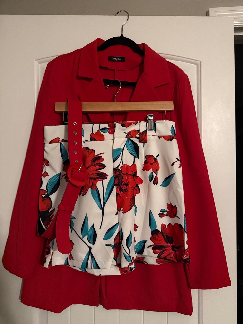 chic Red Blazer with White Floral Skirt and Red Belt